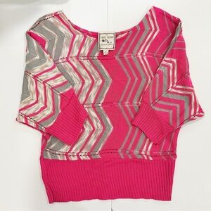 Vintage Y2K Pink Rose Chevron Knit Sweater Women’s M Hot Pink Gray Made in USA